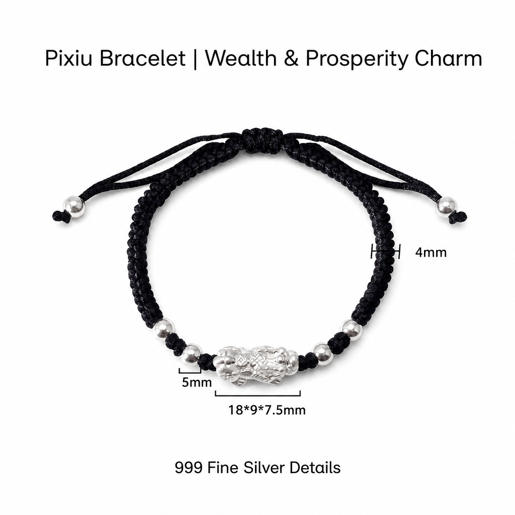 Pixiu 999 Fine Silver Woven Cord Bracelet, Wealth Lucky Charm