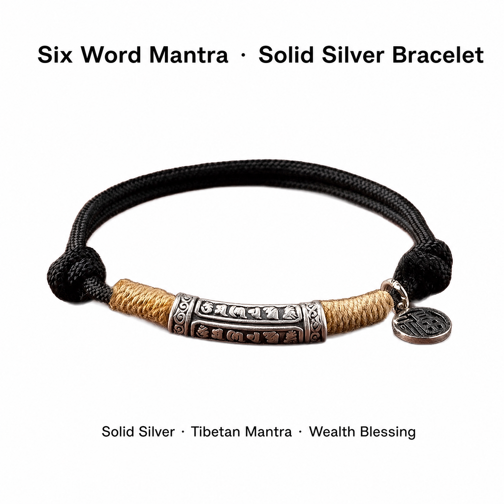 Tibetan Six Word Mantra Solid Fine Silver Handmade Wealth Lucky Bracelet