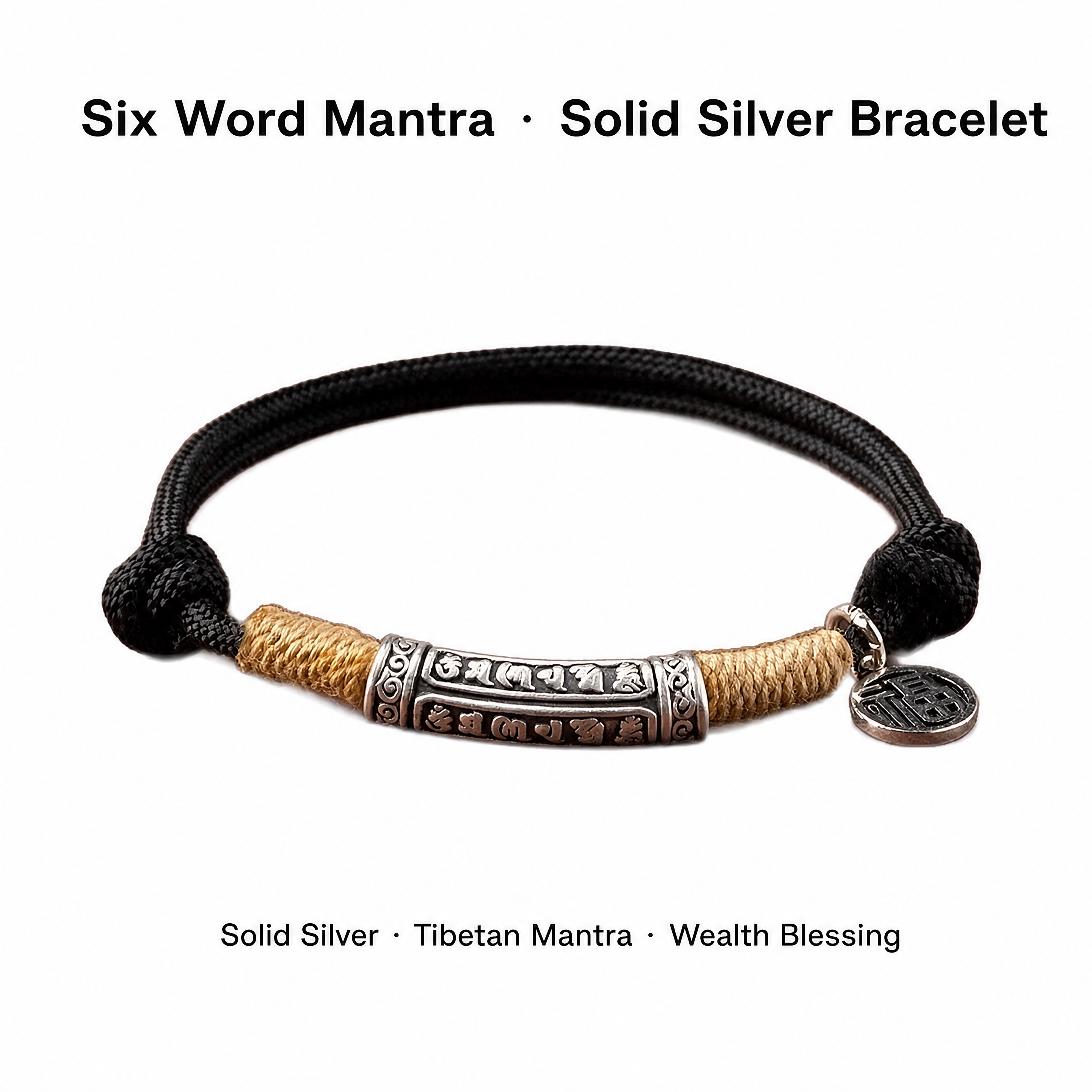 Tibetan Six Word Mantra Solid Fine Silver Handmade Wealth Lucky Bracelet