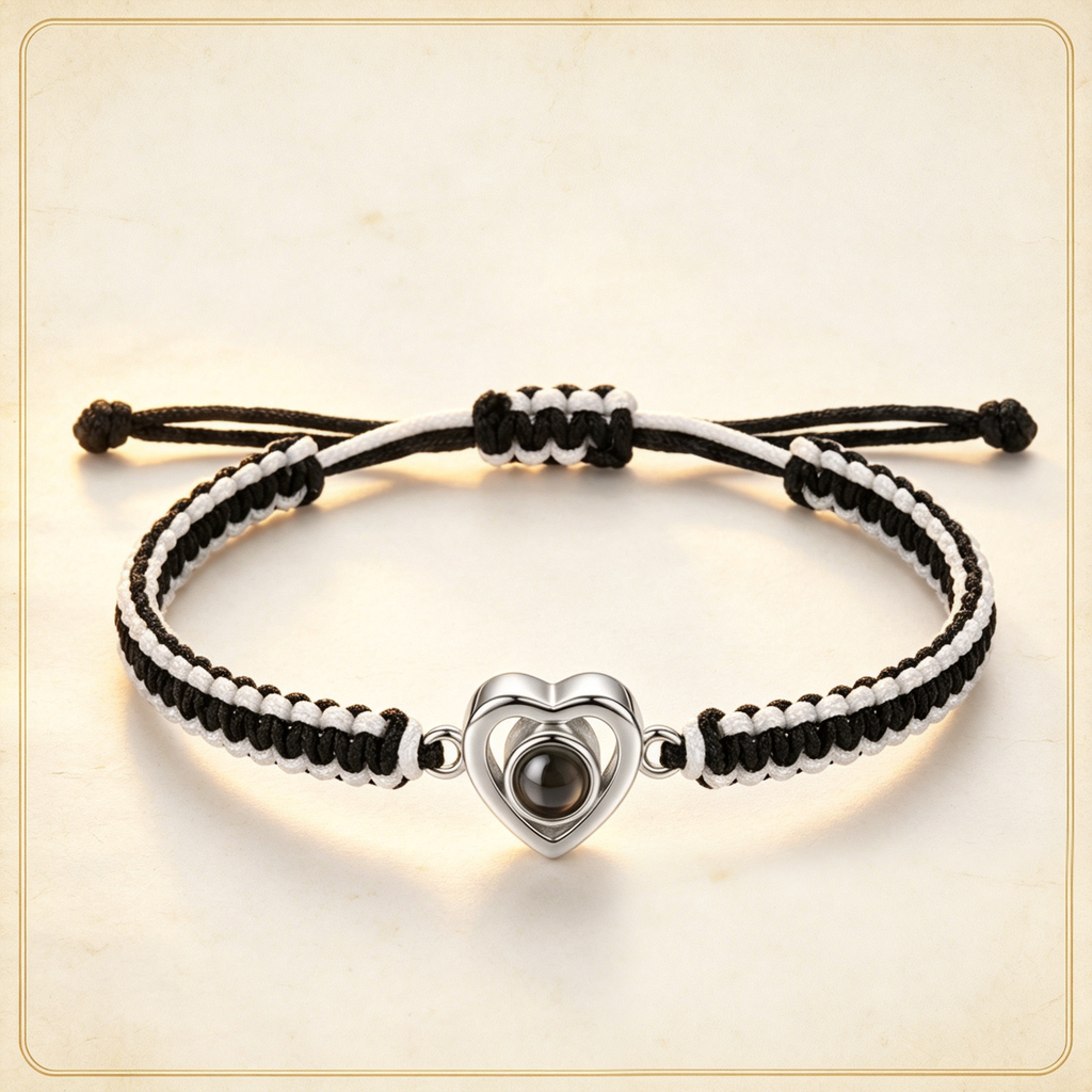 Custom Heart Projection Braided String Bracelet, Stainless Steel Charm Gift for Her, Him, Mom or Self