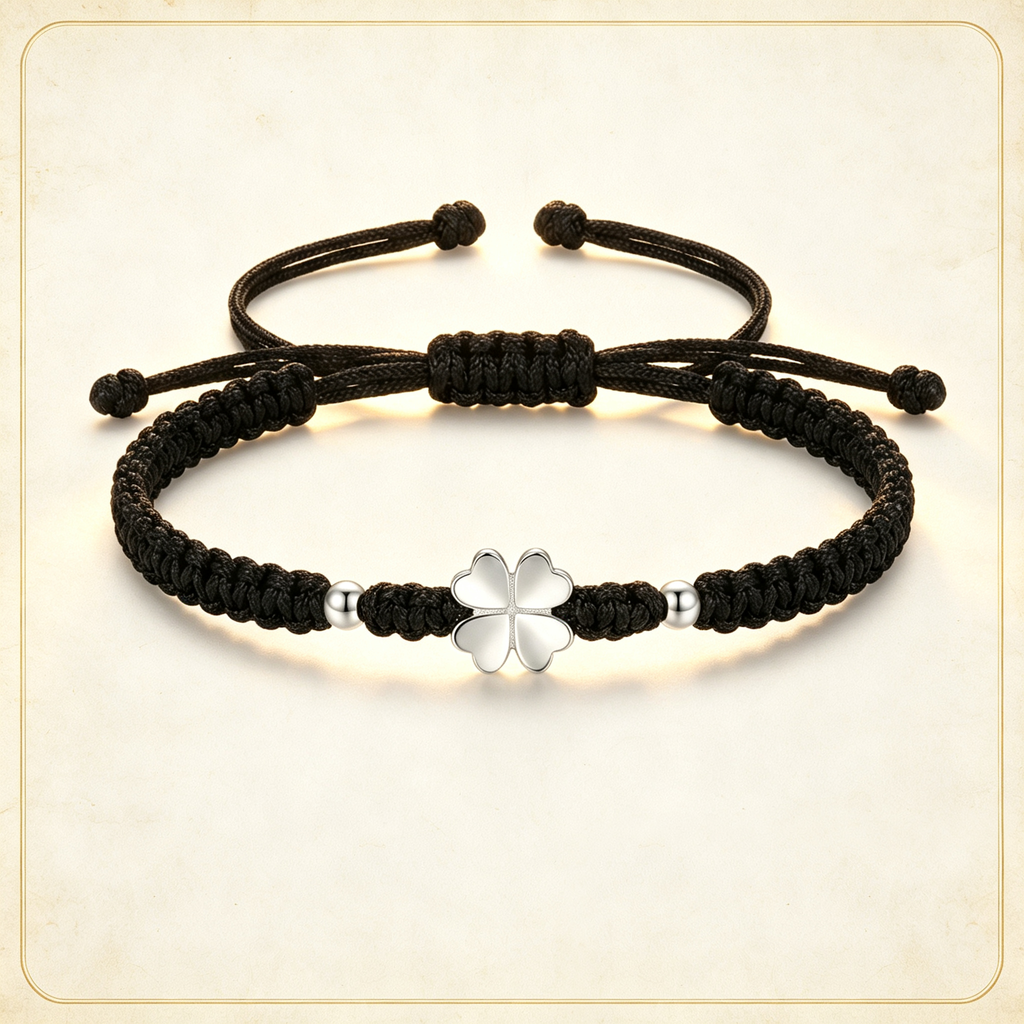 Four Leaf Clover Solid Silver Handmade Couple Bracelet, Lucky Love Woven Cord Bracelet