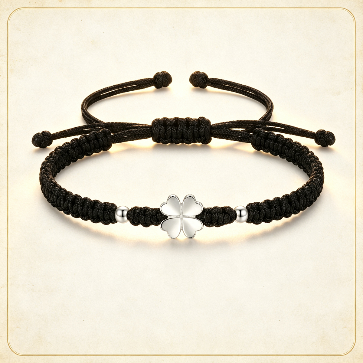 Four Leaf Clover Solid Silver Handmade Couple Bracelet, Lucky Love Woven Cord Bracelet