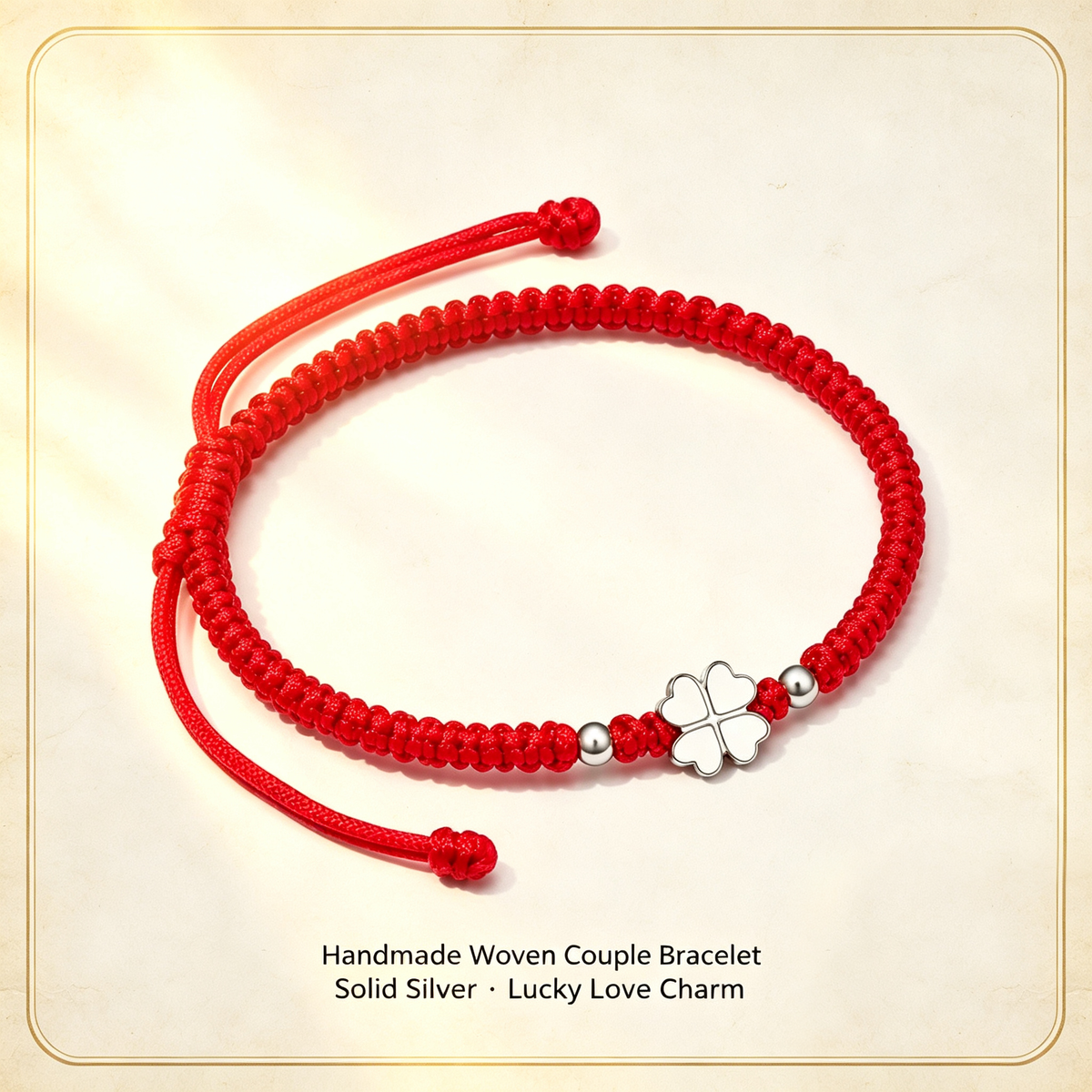 Four Leaf Clover Solid Silver Handmade Couple Bracelet, Lucky Love Woven Cord Bracelet