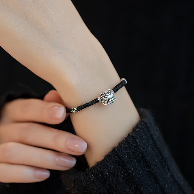 Solid Silver Lion Head Hand-Woven Black String Protection Bracelet