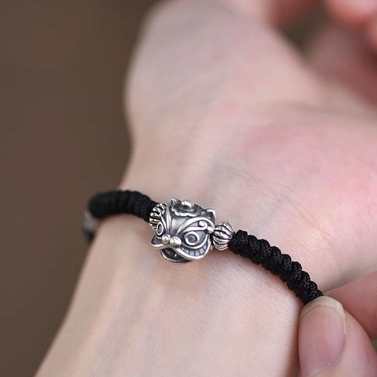 Solid Silver Lion Head Hand-Woven Black String Protection Bracelet