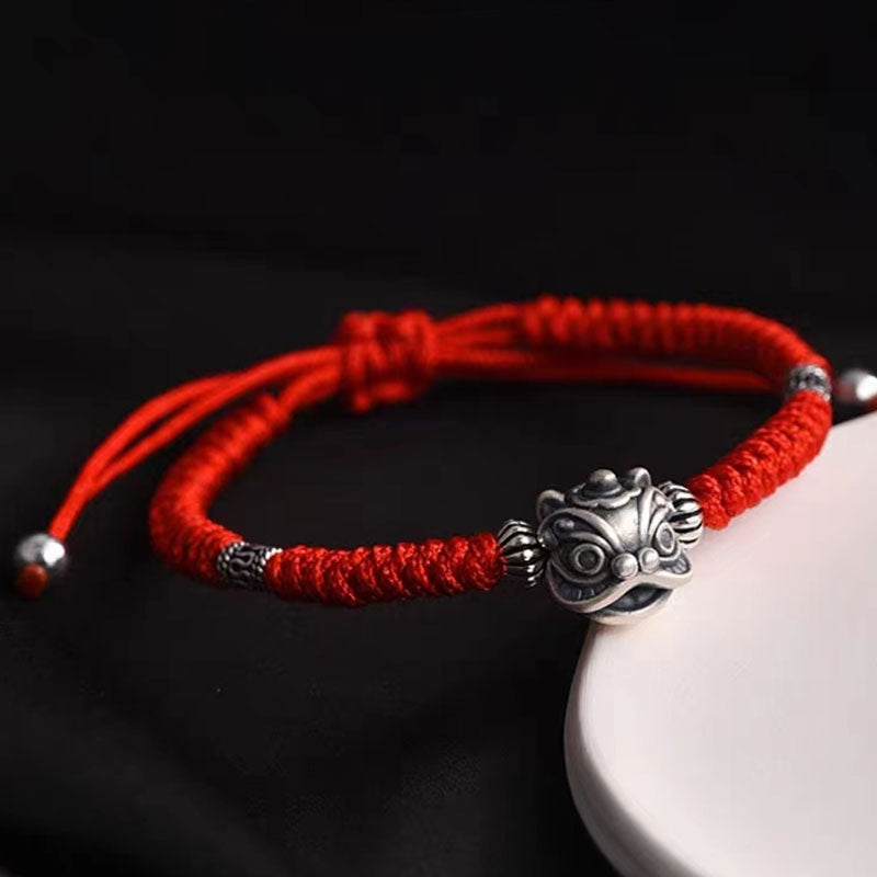 Solid Silver Lion Head Hand-Woven Black String Protection Bracelet