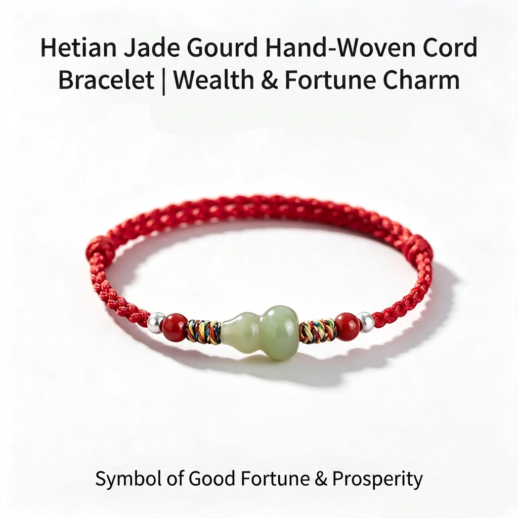 Hetian Jade Gourd Adjustable Cord Bracelet, Wealth & Fortune Lucky Charm Bracelet