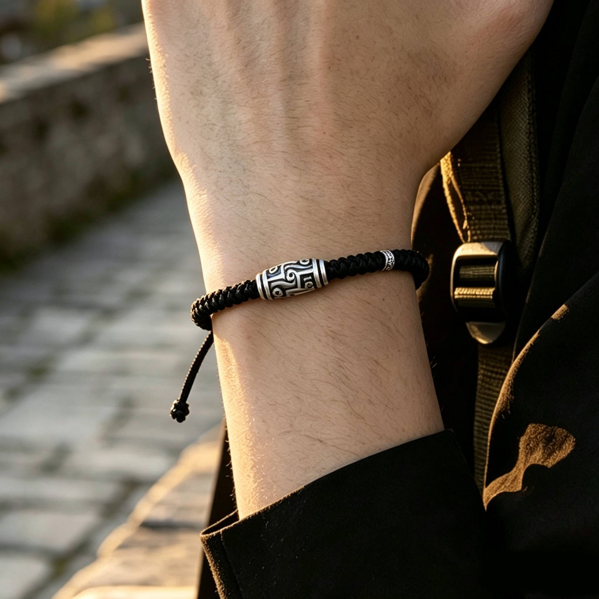 Nine-Eyed Dzi-Inspired Handwoven Bracelet for men