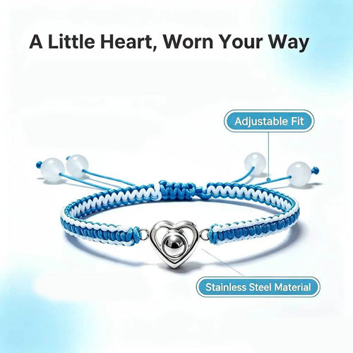 Custom Heart Projection Braided String Bracelet, Stainless Steel Charm Gift for Her, Him, Mom or Self