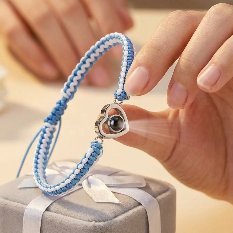 Custom Heart Projection Braided String Bracelet, Stainless Steel Charm Gift for Her, Him, Mom or Self