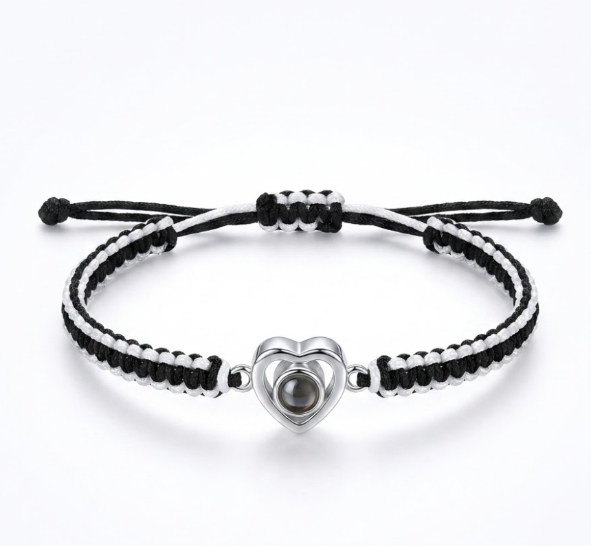 Custom Heart Projection Braided String Bracelet, Stainless Steel Charm Gift for Her, Him, Mom or Self