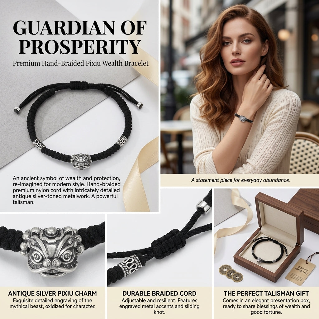 Solid Silver Lion Head Hand-Woven Black String Protection Bracelet