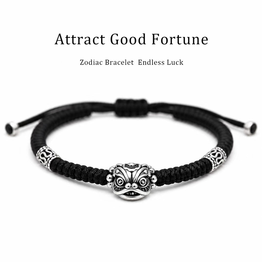 Solid Silver Lion Head Hand-Woven Black String Protection Bracelet