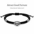 Solid Silver Lion Head Hand-Woven Black String Protection Bracelet