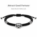 Solid Silver Lion Head Hand-Woven Black String Protection Bracelet