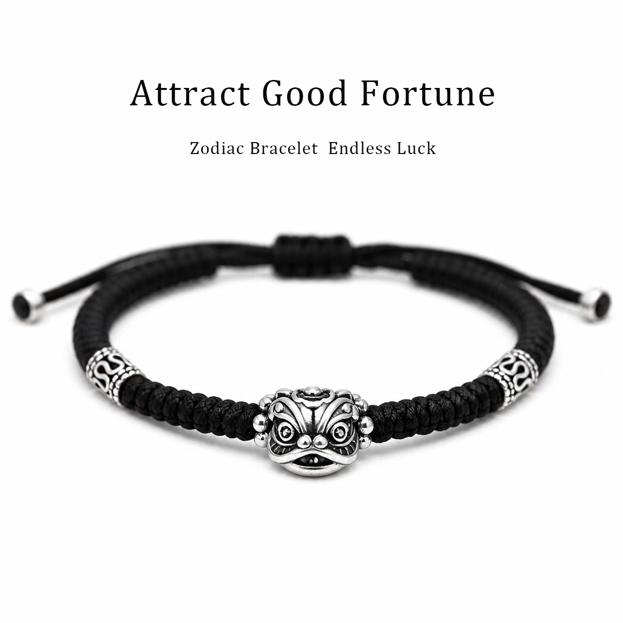 Solid Silver Lion Head Hand-Woven Black String Protection Bracelet