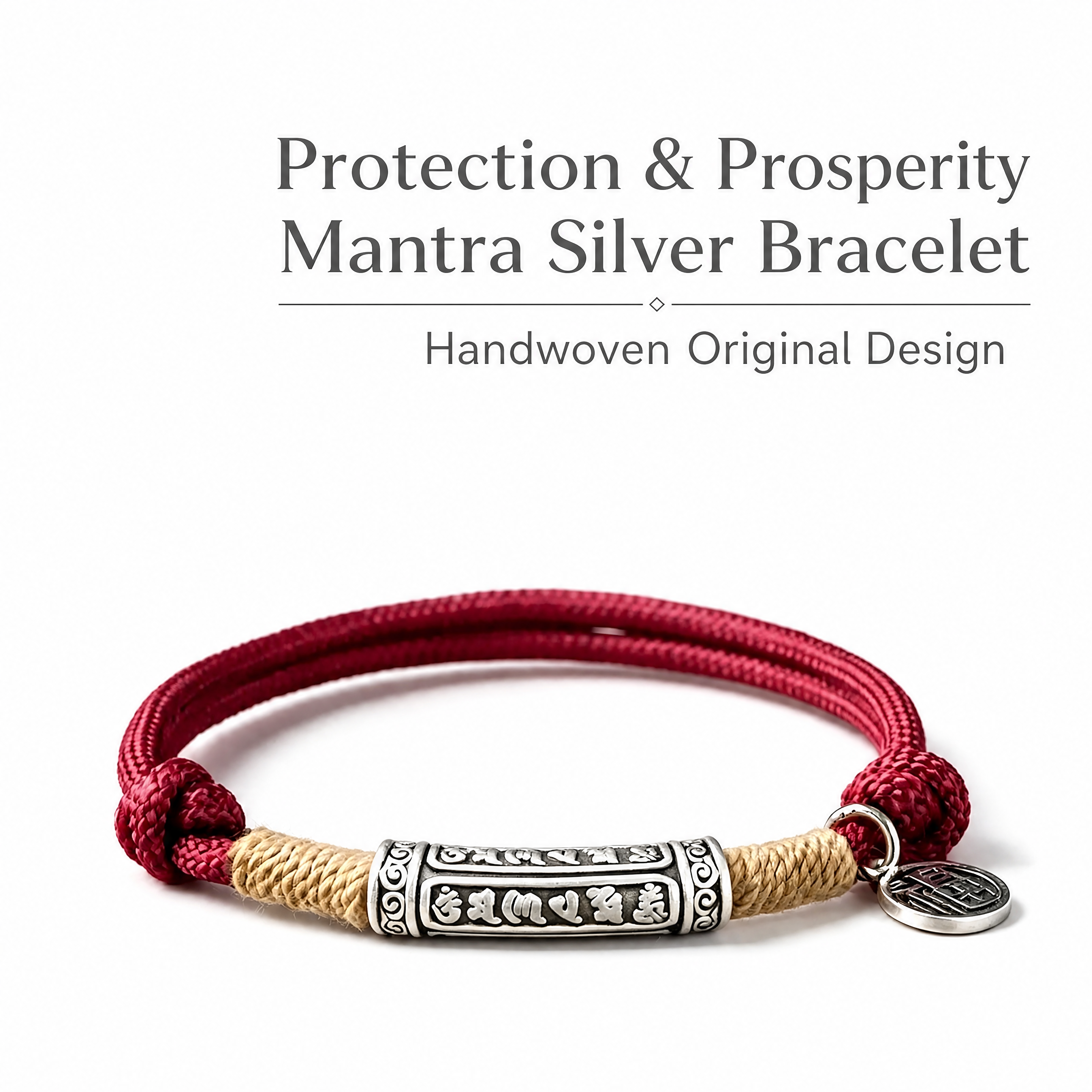 Tibetan Six Word Mantra Solid Fine Silver Handmade Wealth Lucky Bracelet