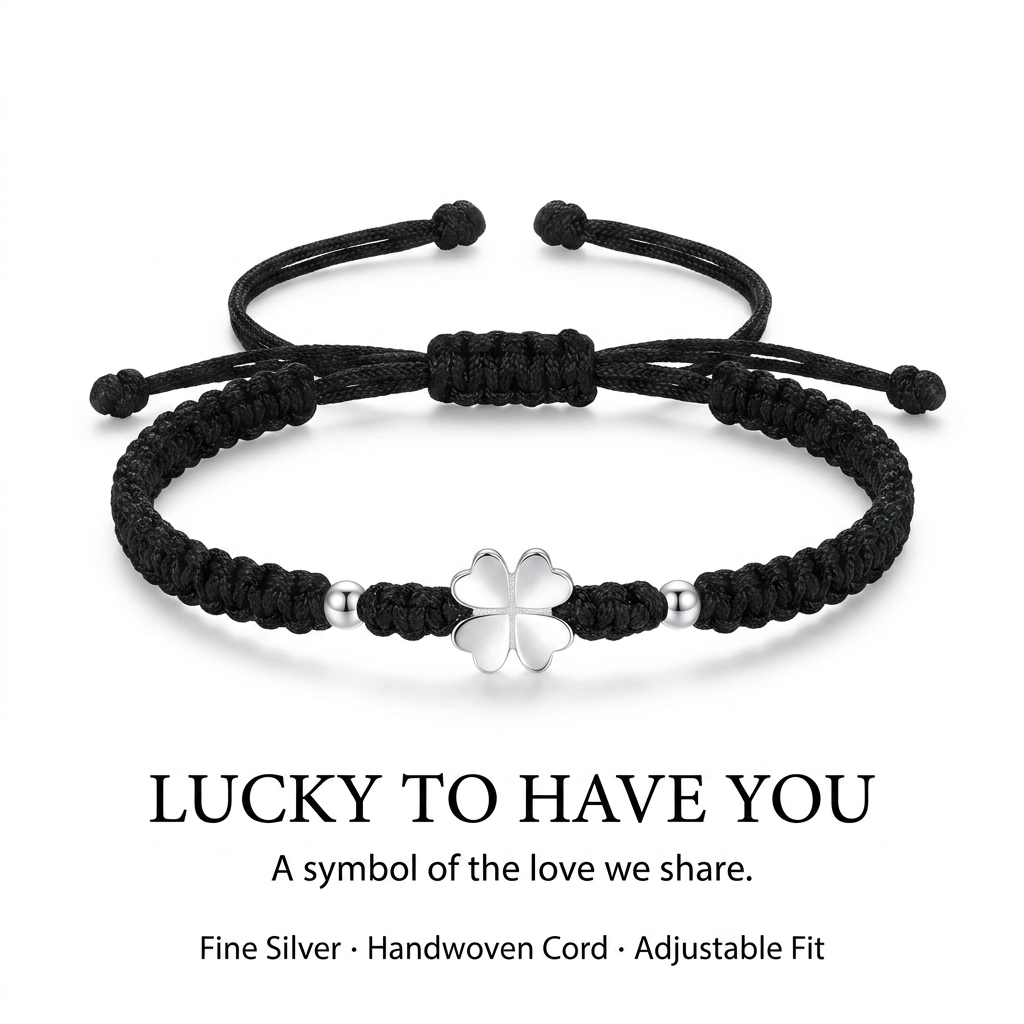 Four Leaf Clover Solid Silver Handmade Couple Bracelet, Lucky Love Woven Cord Bracelet