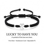 Four Leaf Clover Solid Silver Handmade Couple Bracelet, Lucky Love Woven Cord Bracelet
