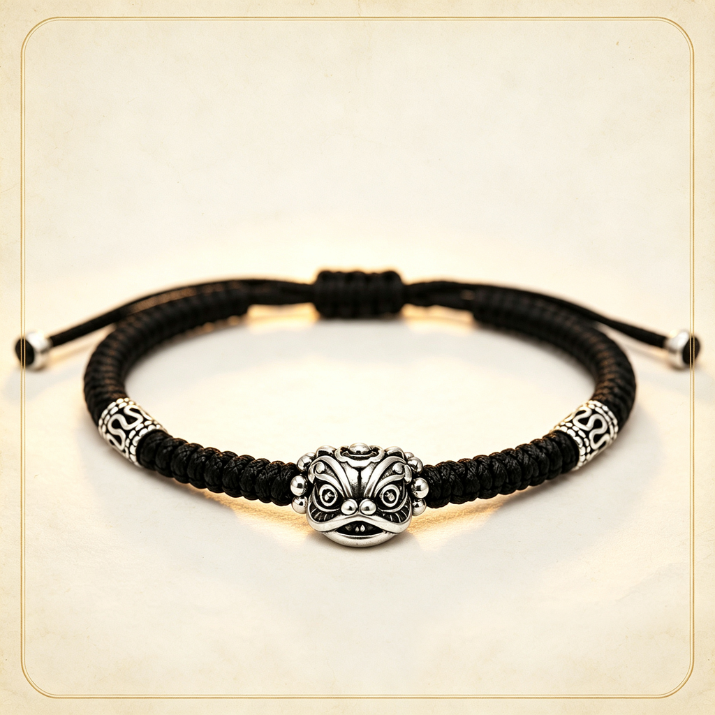 Solid Silver Lion Head Hand-Woven Black String Protection Bracelet