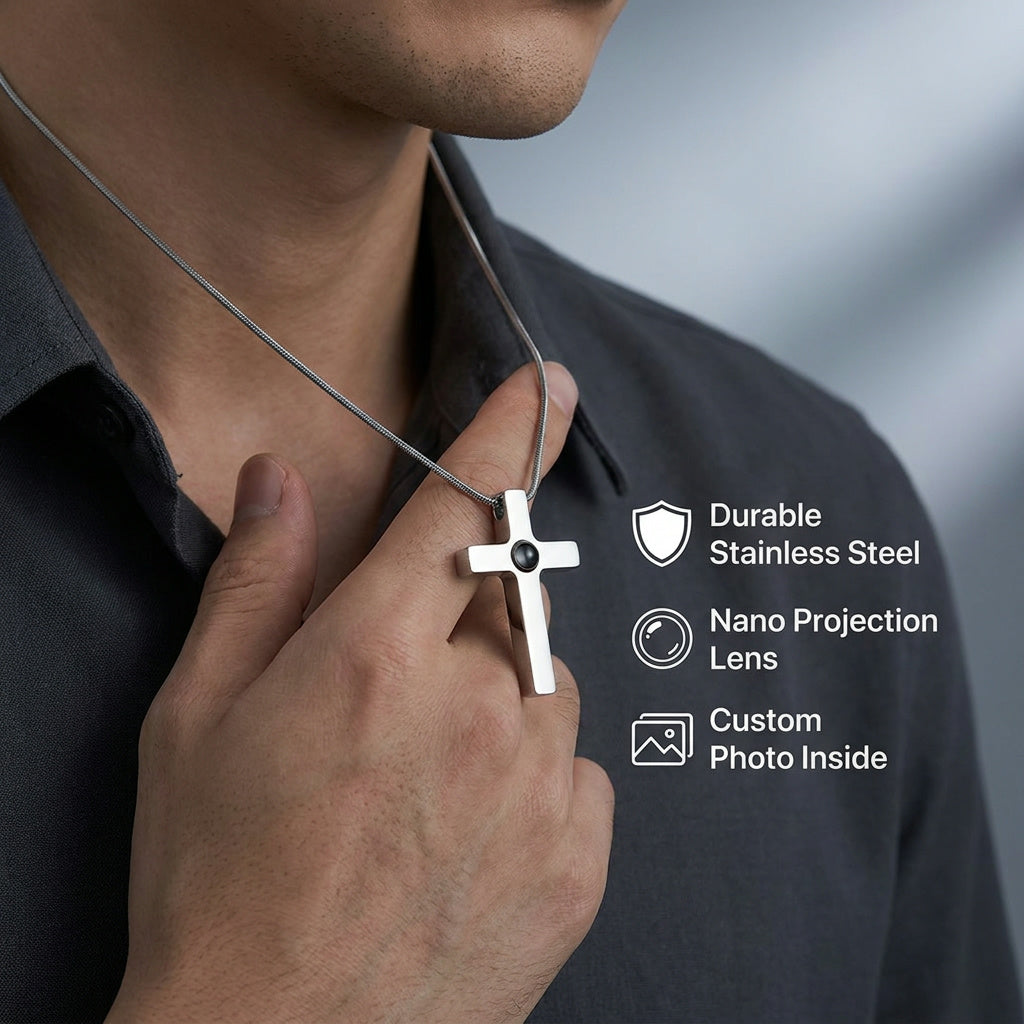 Custom Photo Projection Cross Necklace, Personalized Memory Pendant