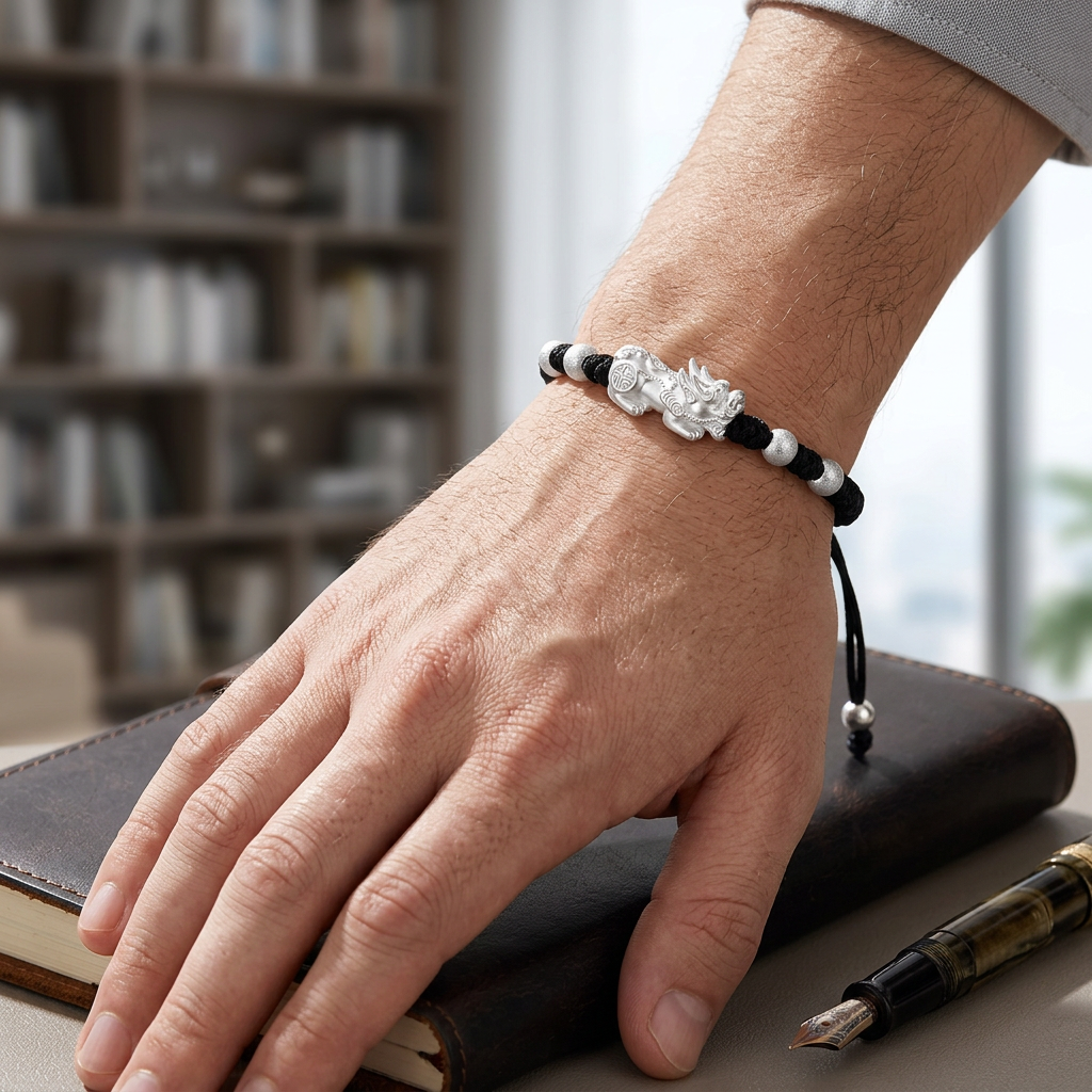 Pixiu 999 Fine Silver Woven Cord Bracelet, Wealth Lucky Charm