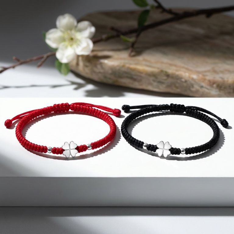 Four Leaf Clover Solid Silver Handmade Couple Bracelet, Lucky Love Woven Cord Bracelet