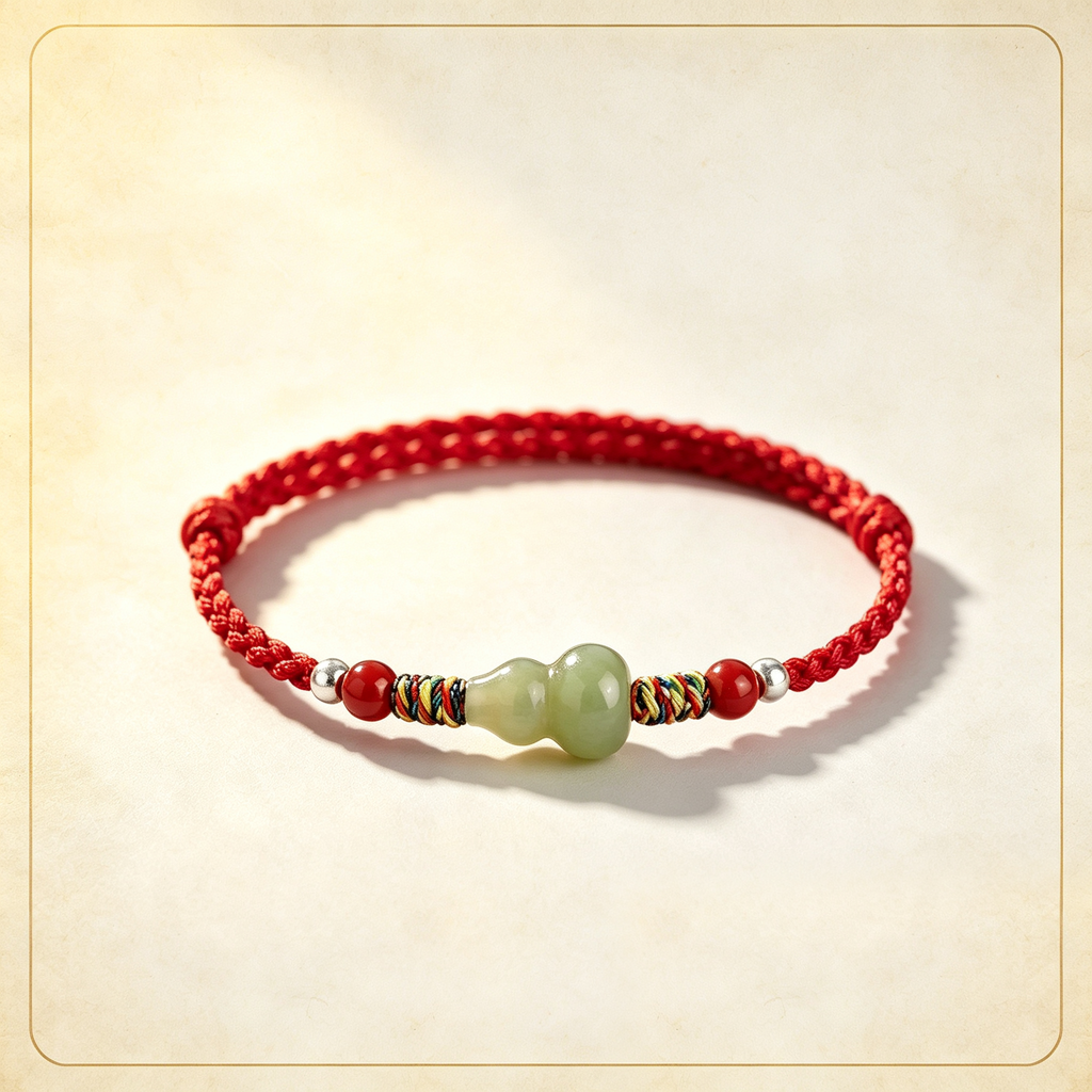Hetian Jade Gourd Adjustable Cord Bracelet, Wealth & Fortune Lucky Charm Bracelet