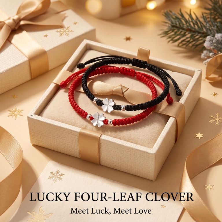 Four Leaf Clover Solid Silver Handmade Couple Bracelet, Lucky Love Woven Cord Bracelet