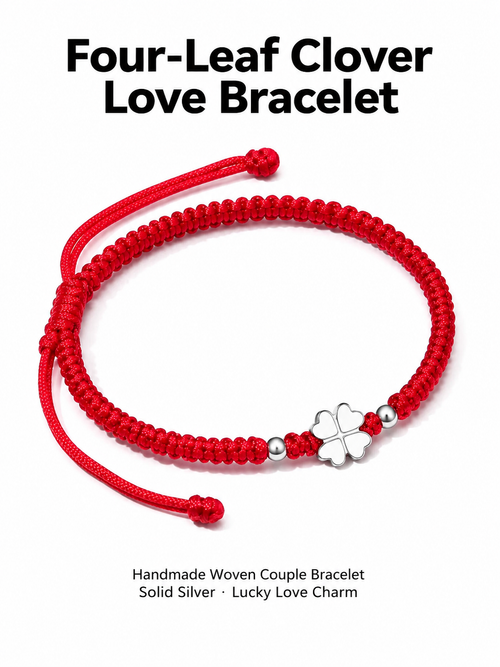 Four Leaf Clover Solid Silver Handmade Couple Bracelet, Lucky Love Woven Cord Bracelet
