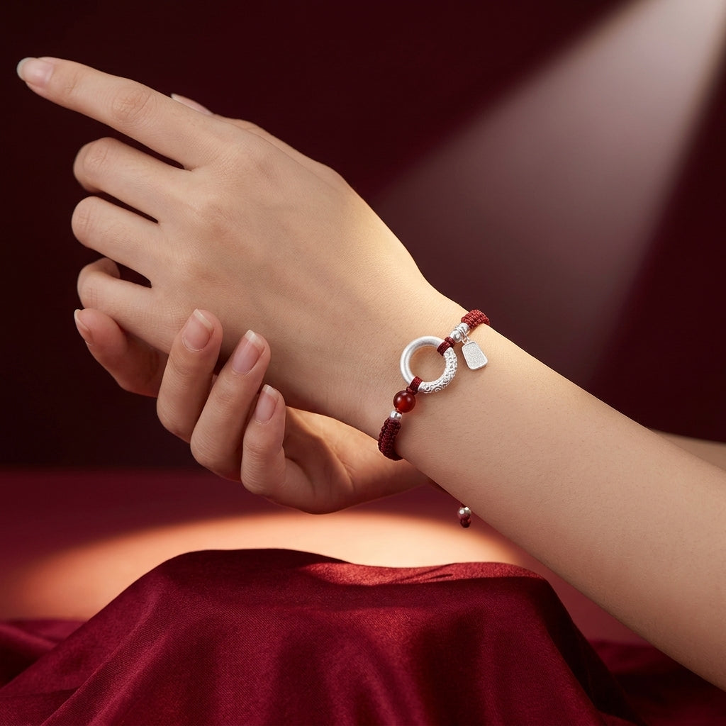 Solid Silver Peace Buckle Handmade Red String Lucky Bracelet