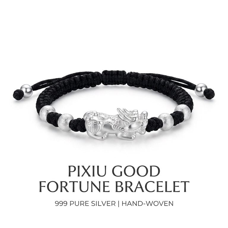 Pixiu 999 Fine Silver Woven Cord Bracelet, Wealth Lucky Charm